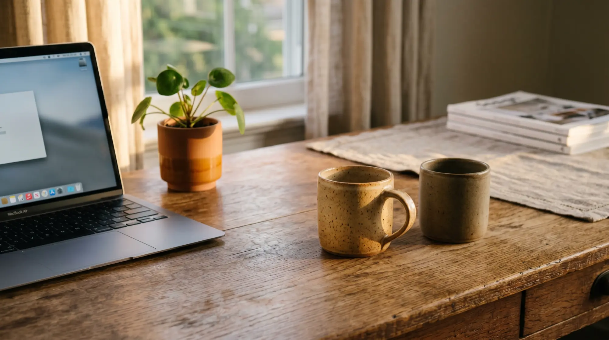 Two mugs on a table showing what co-parenting looks like across two homes