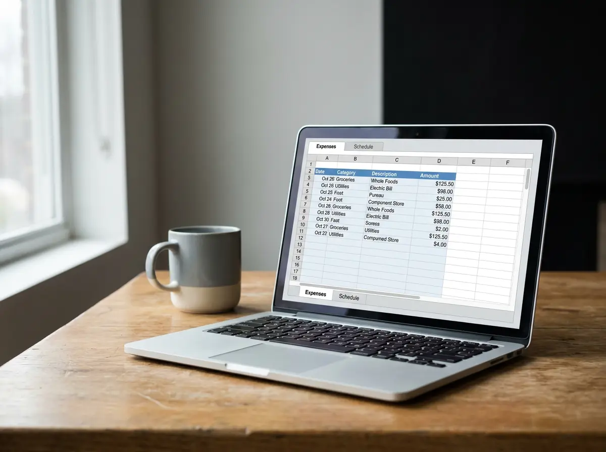 A co-parenting spreadsheet open on a laptop with expense and schedule tabs