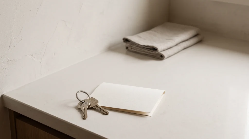 House keys and a welcome card on a clean counter in a short-term rental