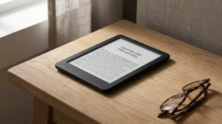 An e-ink e-reader showing a novel page on a warm wooden reading table