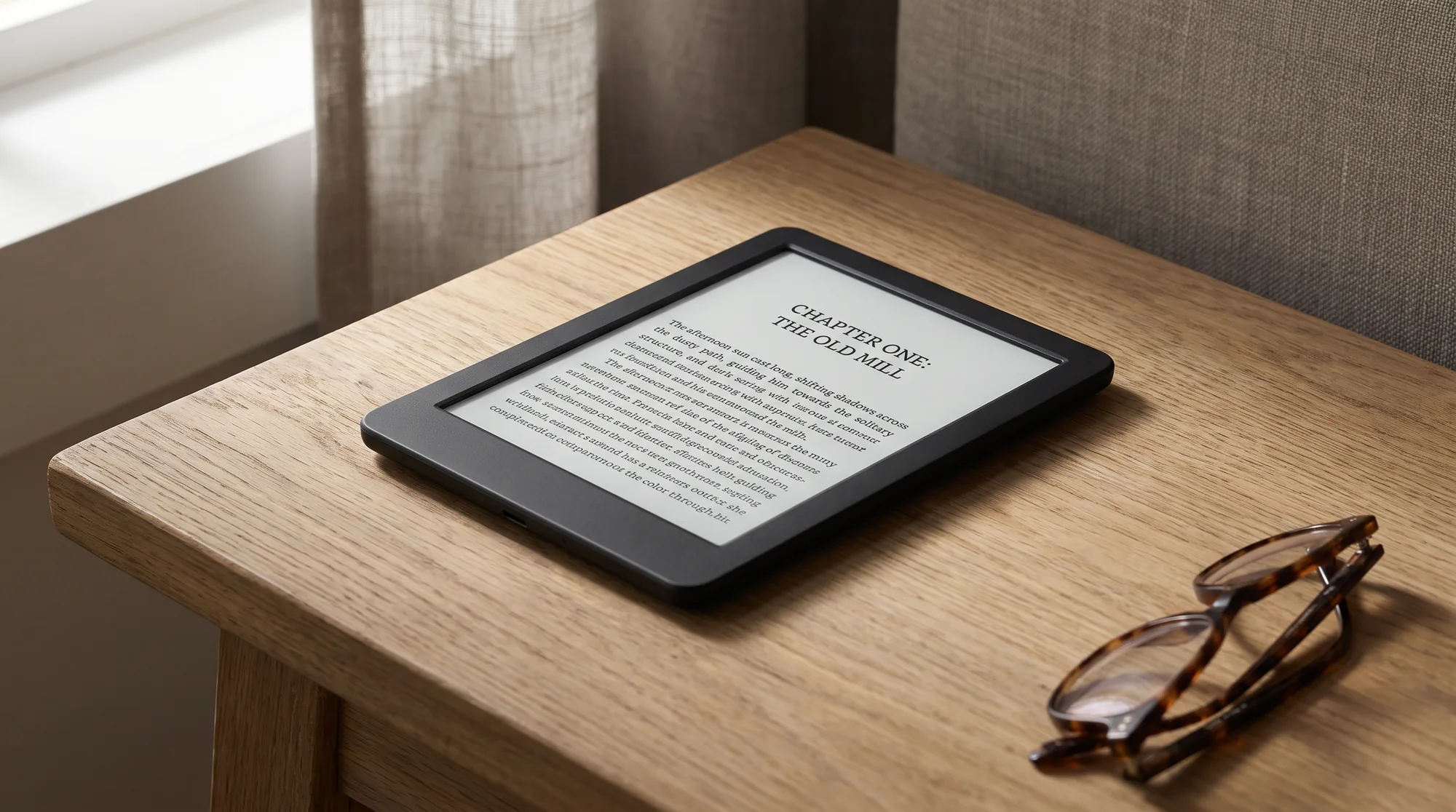 An e-ink e-reader showing a novel page on a warm wooden reading table
