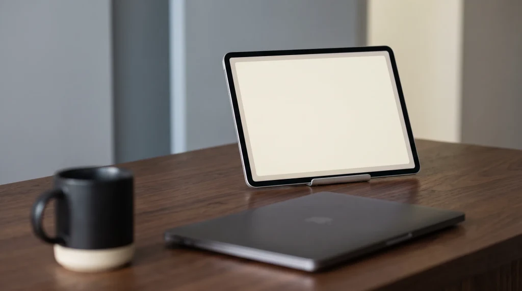 A tablet showing a blank note page on a tidy desk