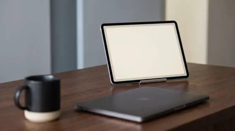 A tablet showing a blank note page on a tidy desk