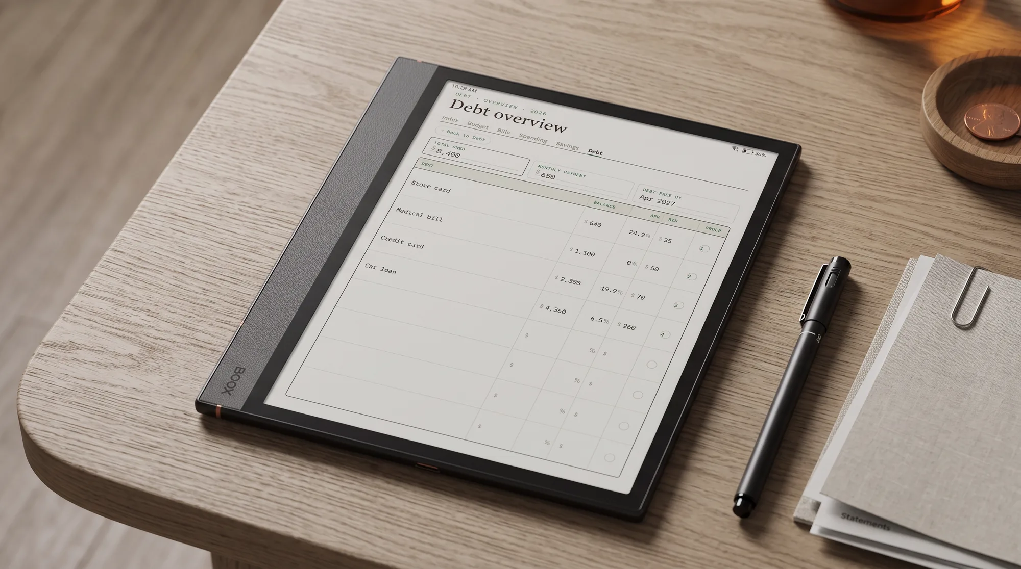 A Boox Note Air showing a debt payoff tracker, laid on a desk with a clipped stack of statements and a pen