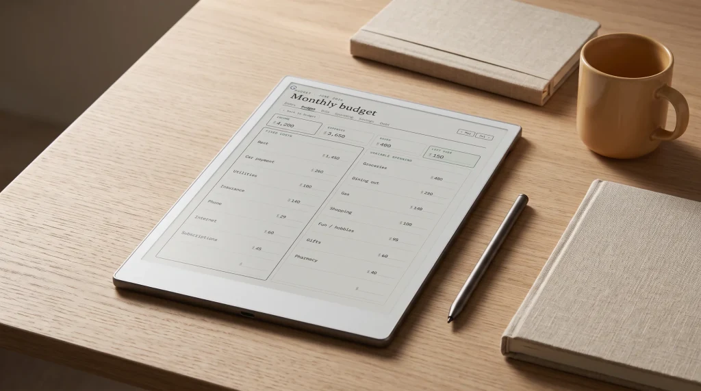 A reMarkable Paper Pro showing a monthly budget planner, laid on a desk with a notebook, a pen, and a mug