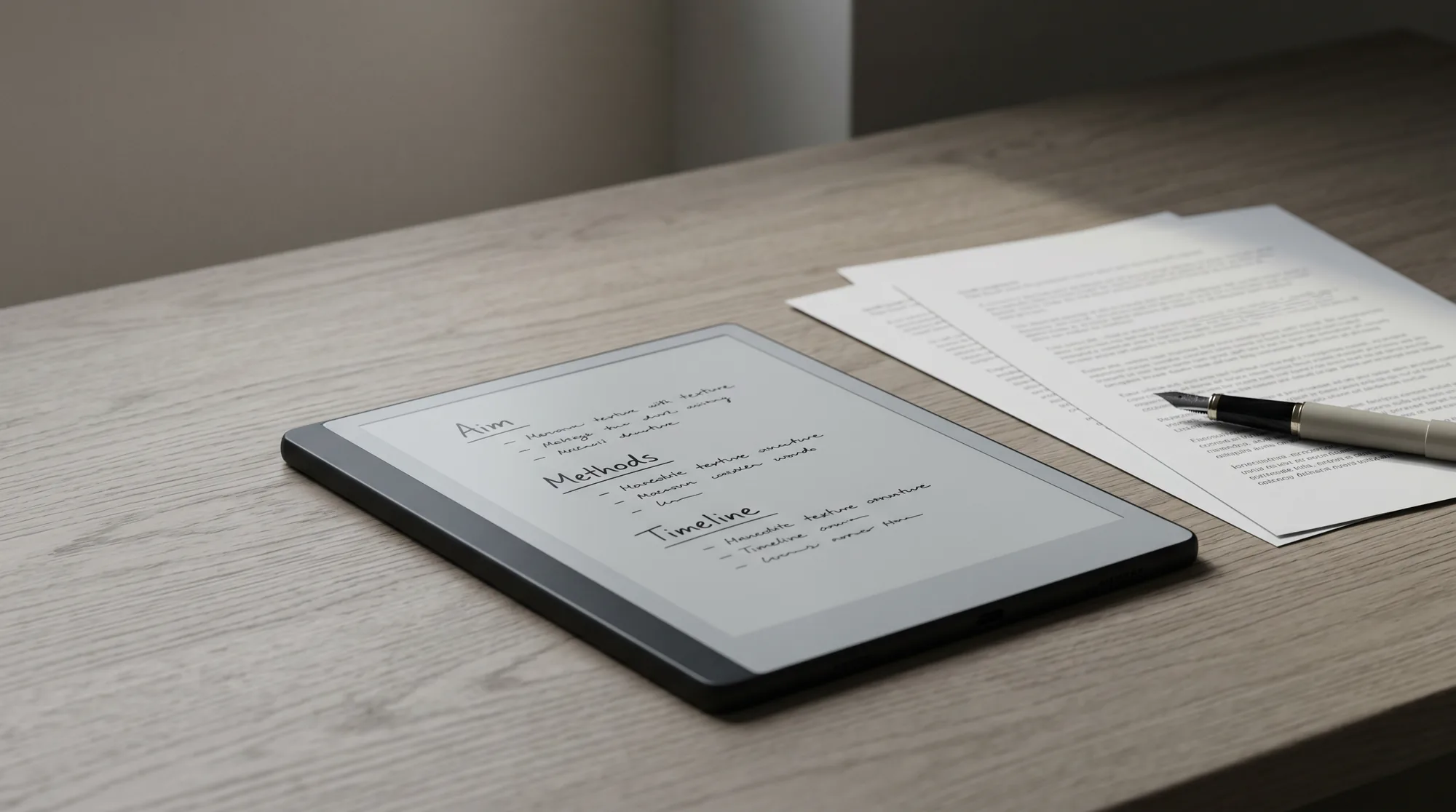 e-ink tablet showing a handwritten research proposal outline with aim, methods, and timeline headings