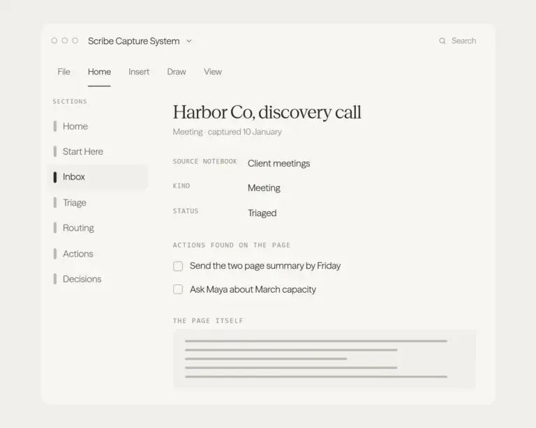Kindle Scribe OneNote capture template: a triaged export page
