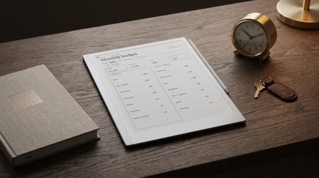 A reMarkable showing a net worth overview, laid on a dark-oak desk with a brass clock, a key, and a hardcover