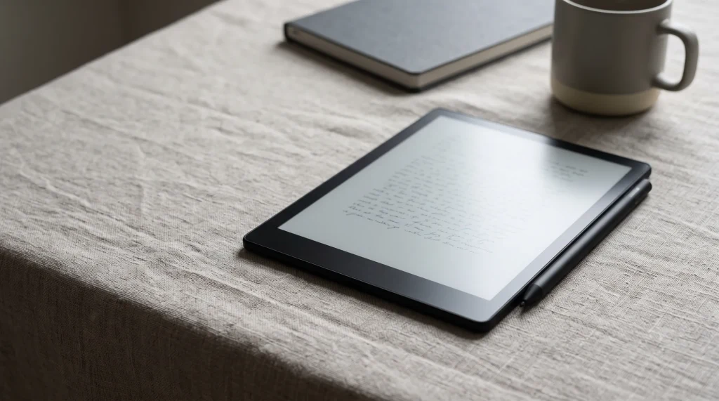 A slim e-ink writing tablet and stylus on a desk