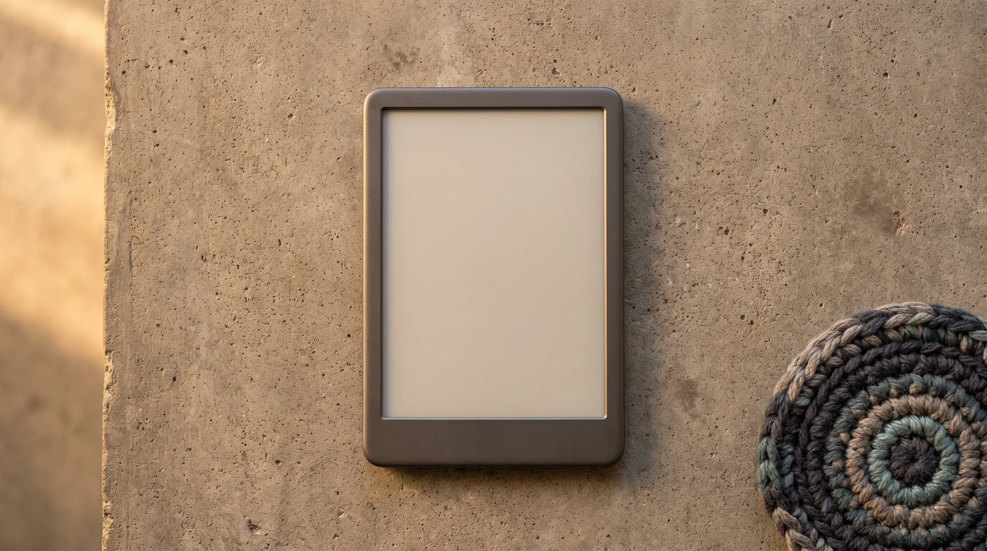 A compact monochrome e-ink reader with a blank screen on a concrete surface