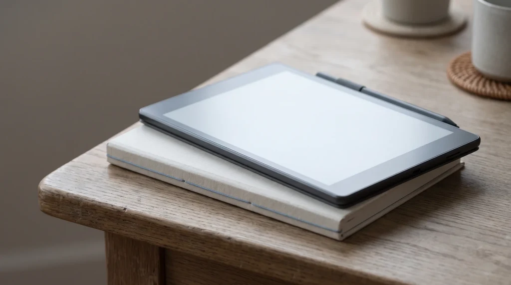 A thin e-ink writing tablet and stylus at the corner of a desk