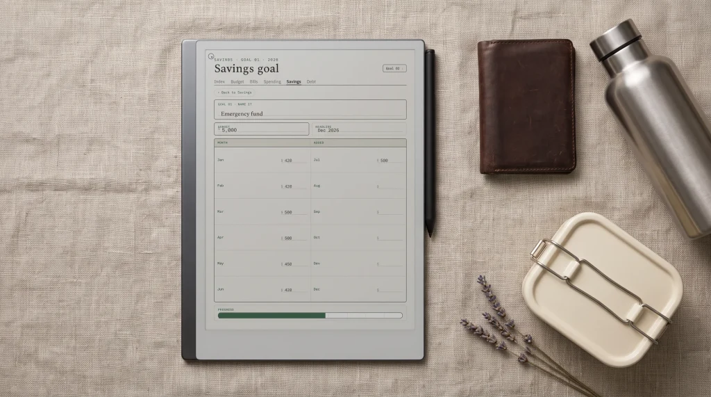 A reMarkable Paper Pro showing a savings goal tracker, laid on linen with a closed wallet, a steel bottle and a lunch tin