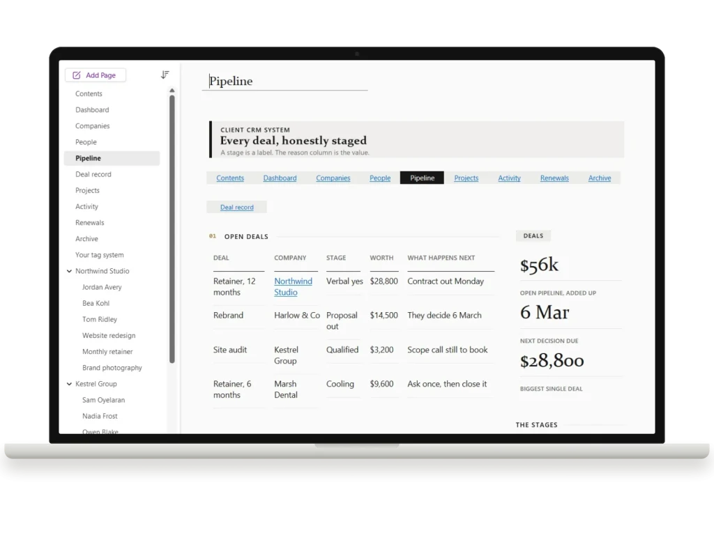 Client CRM System in OneNote for Windows on a laptop, pipeline page, filled with sample data