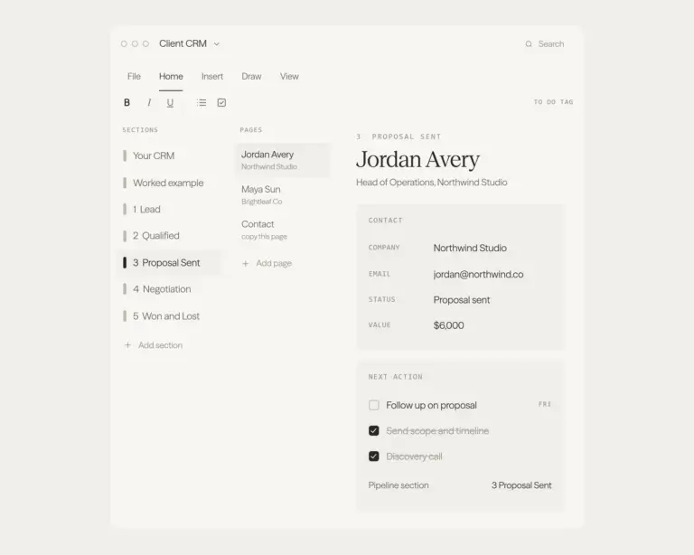 OneNote CRM template: contacts, companies and pipeline sections