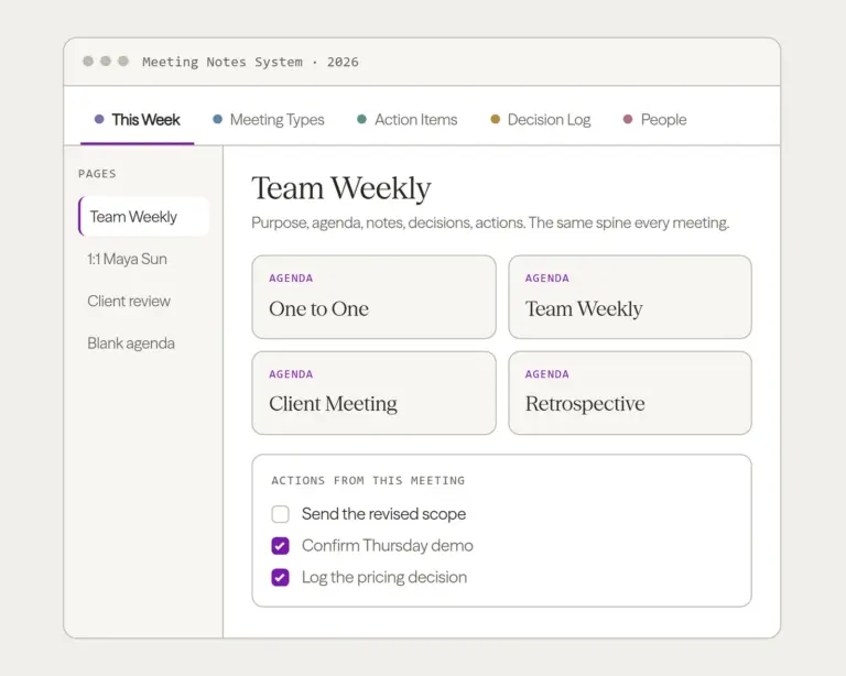 OneNote meeting notes template: agenda, decisions and actions