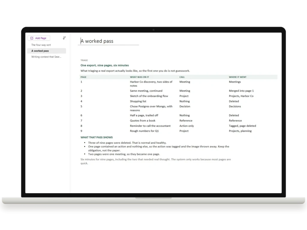 Scribe Capture System in OneNote for Windows on a laptop, A worked pass page, the worked example that ships in the notebook