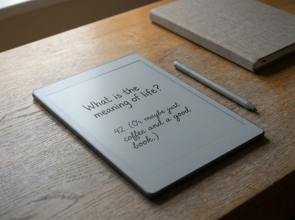 e-ink tablet screen showing a handwritten question with a cursive reply forming below