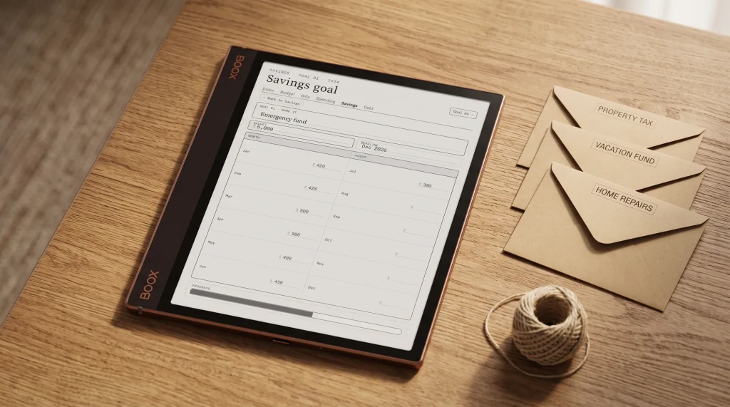 A Boox Note Air showing a sinking funds tracker, laid on a desk with three labeled envelopes and a spool of twine