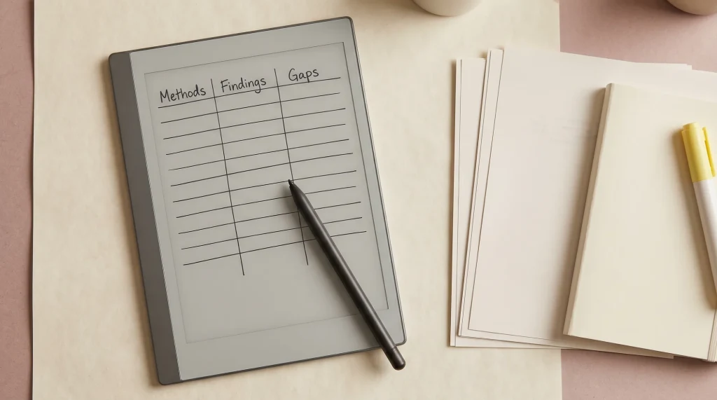 e-ink tablet showing a handwritten synthesis matrix grid among printed journal articles