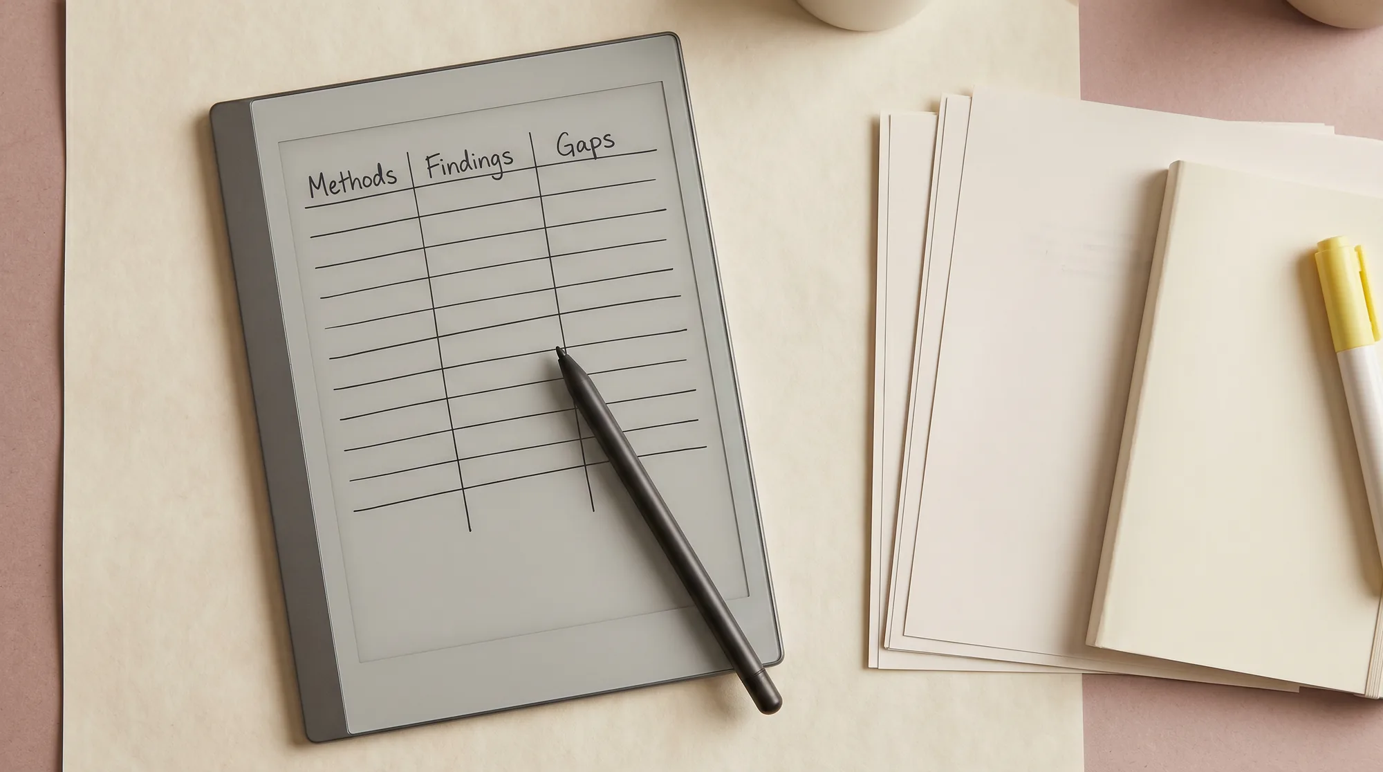 e-ink tablet showing a handwritten synthesis matrix grid among printed journal articles