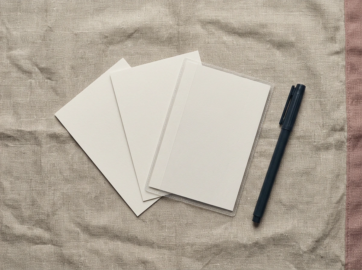 Three loose cleaning checklist cards fanned out, one in a reusable clear sleeve
