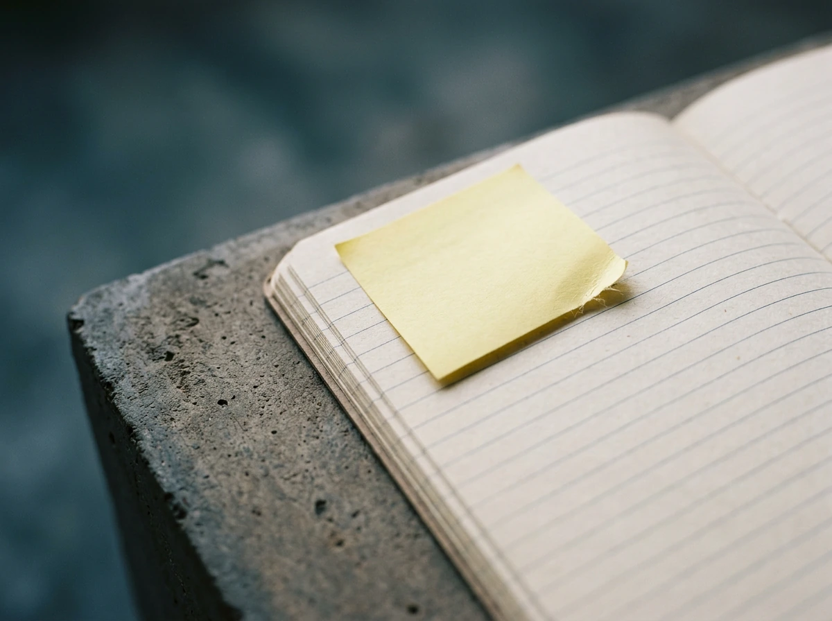A blank sticky note stuck to the corner of an open ruled weekly planner page