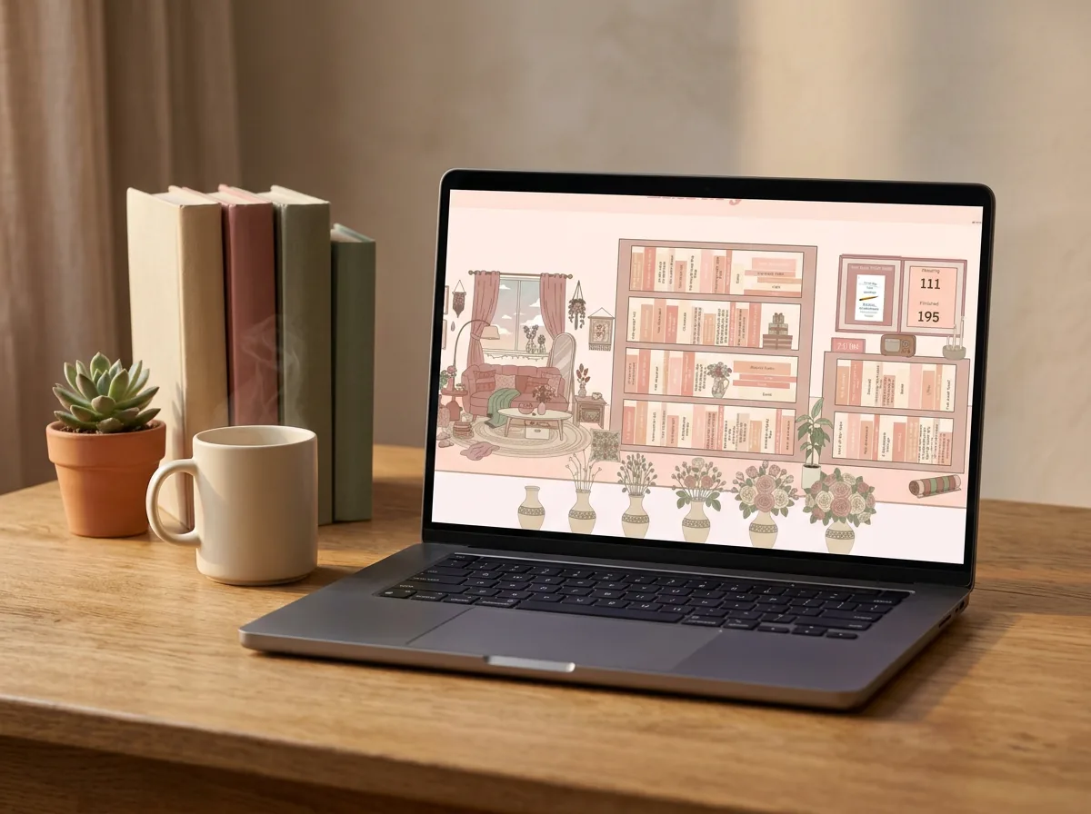 Our illustrated reading tracker open on a laptop in a reading corner