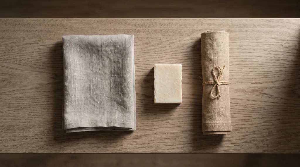 A folded towel, soap and rolled linen arranged on a wooden shelf