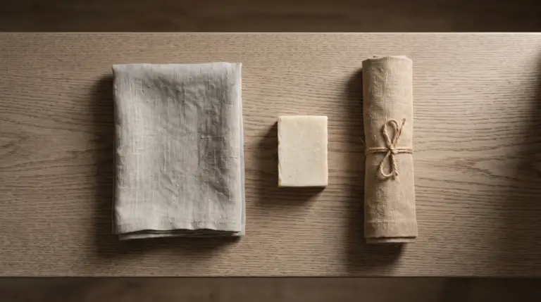 A folded towel, soap and rolled linen arranged on a wooden shelf