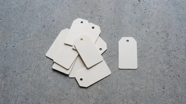Overlapping blank price tags on a concrete surface with one set apart