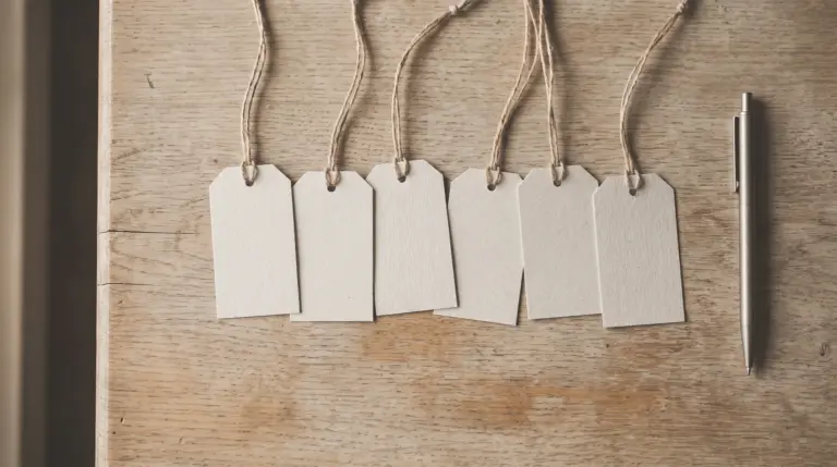 Blank price tags on string laid across a wooden surface