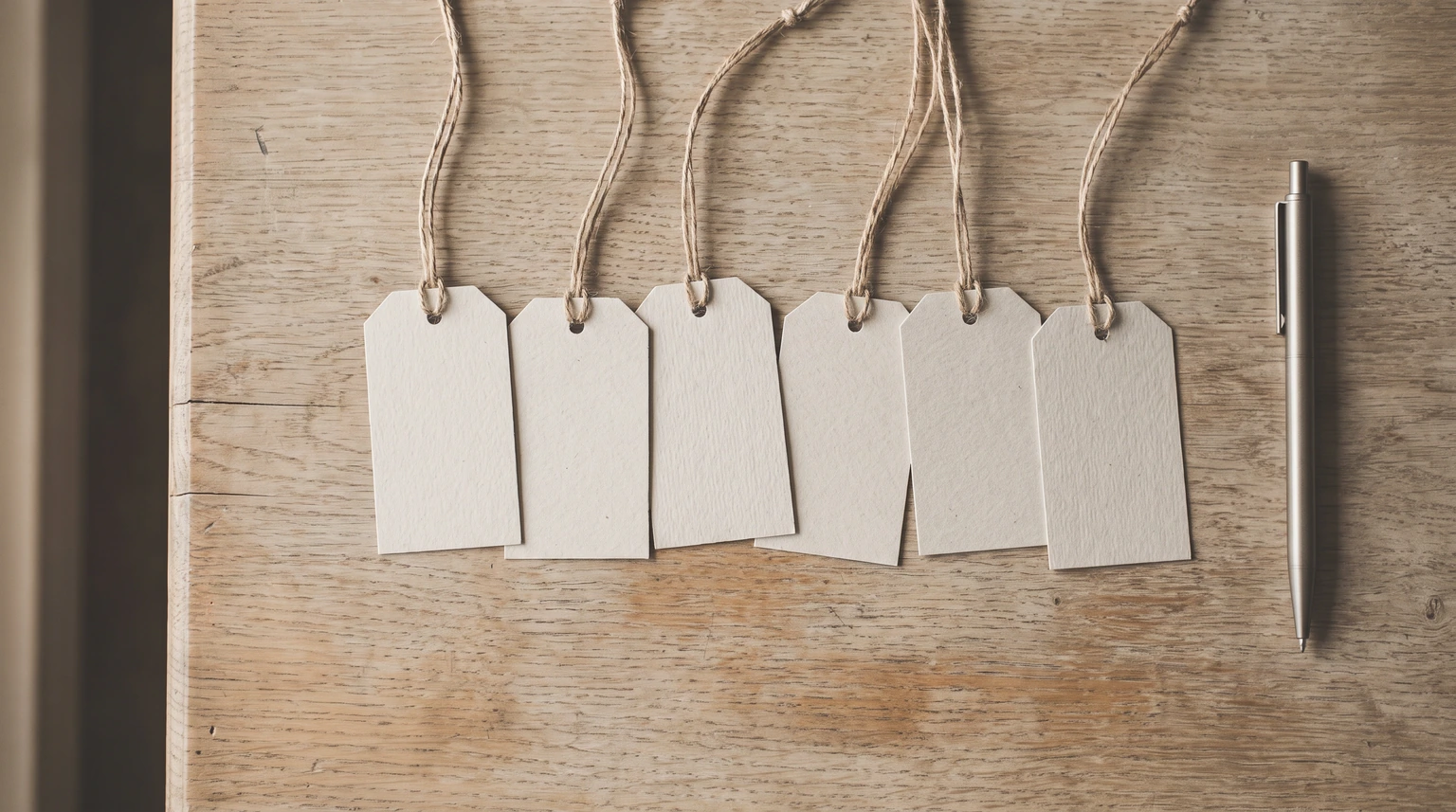 Blank price tags on string laid across a wooden surface