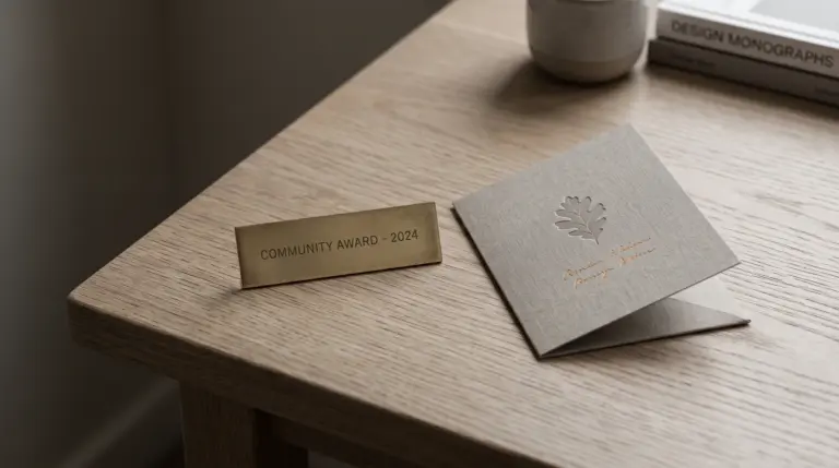 A small brass plate and a folded card on a wooden desk