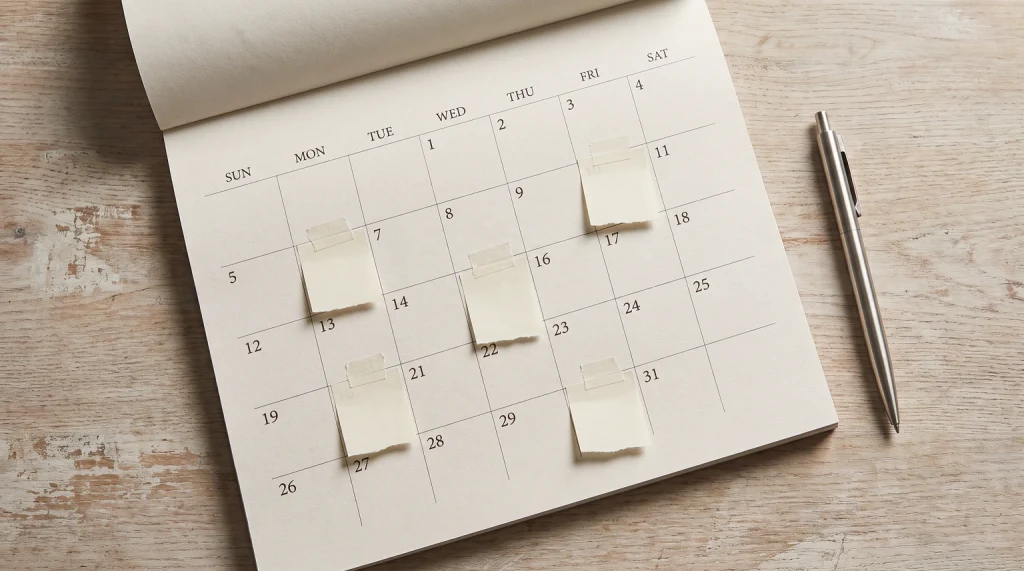 A blank calendar page with marked days on a wooden desk