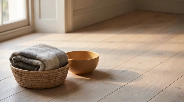 A woven basket with a folded blanket and a plain bowl on a wooden floor