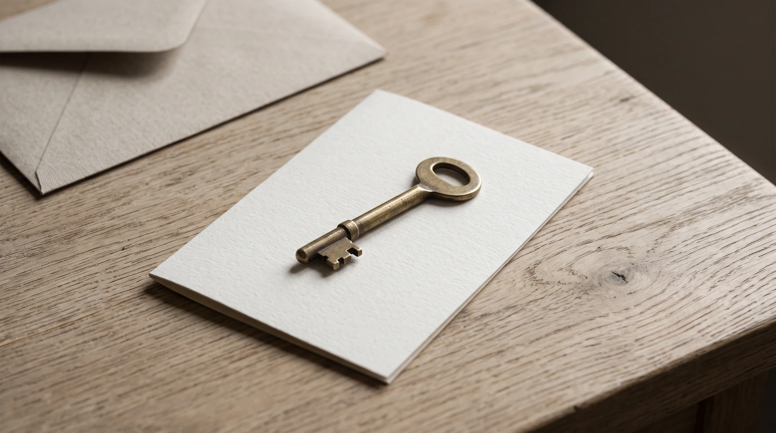A brass key on a folded card on a wooden table