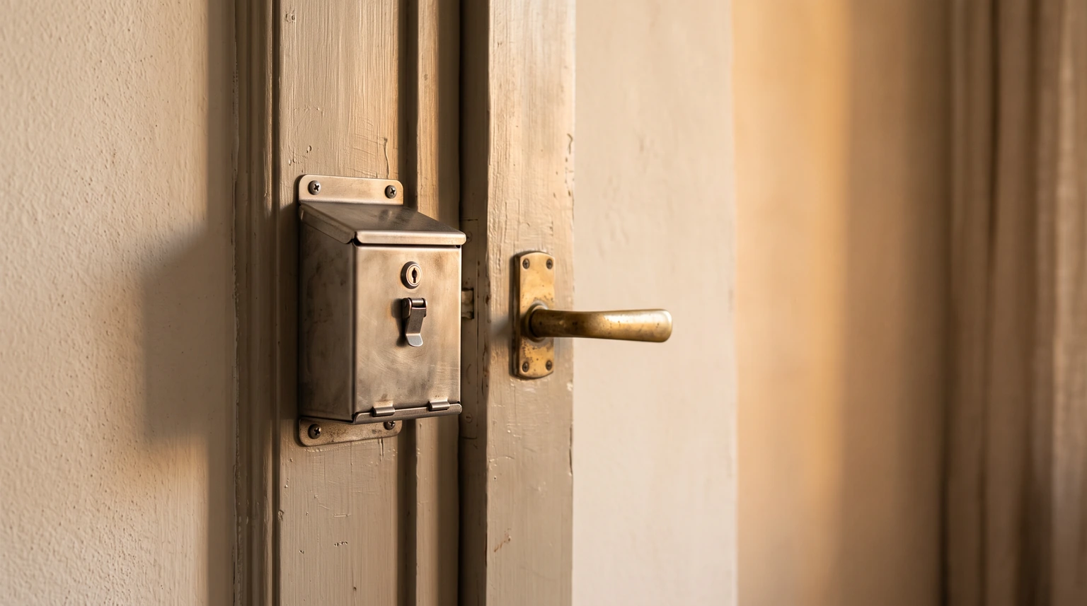 A small lockbox on a painted door frame beside a brass handle