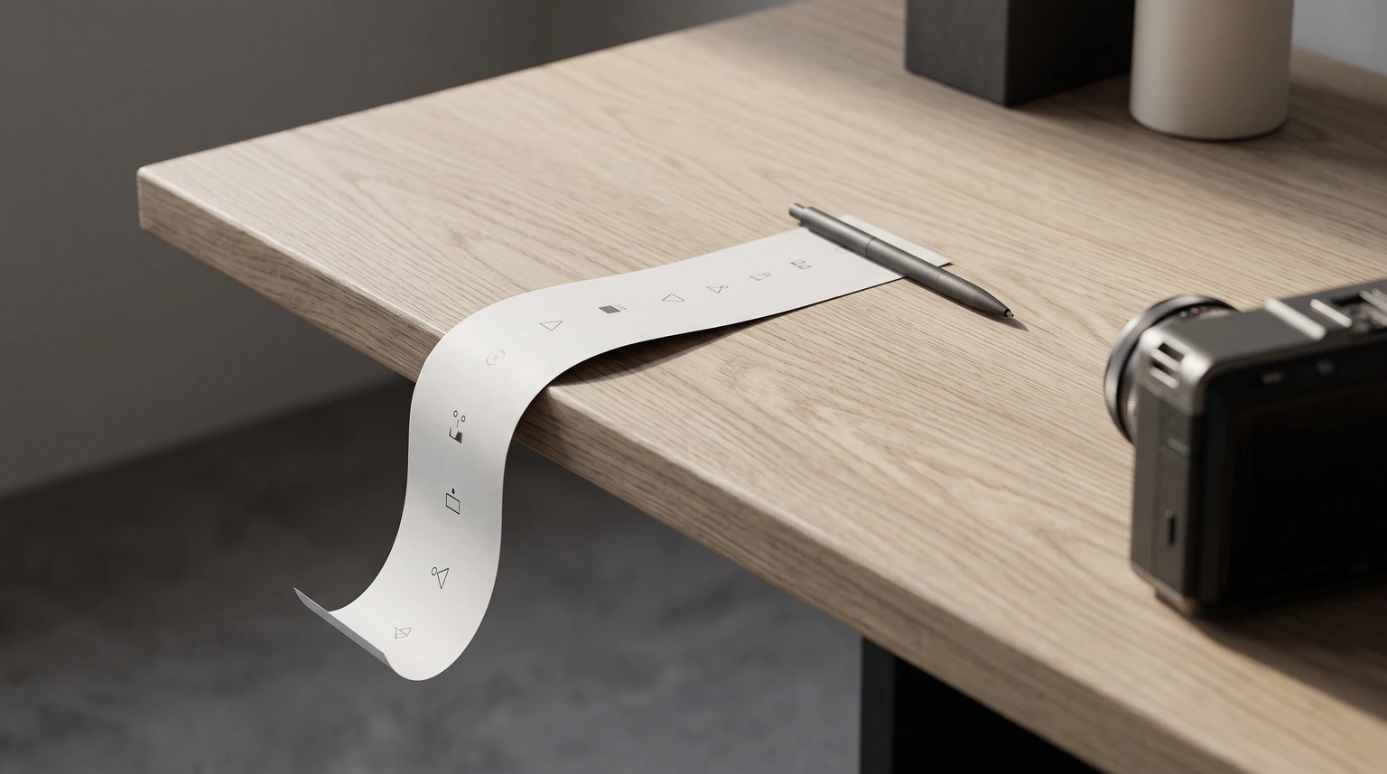 A curling strip of printed figures weighted by a pen on a wooden desk