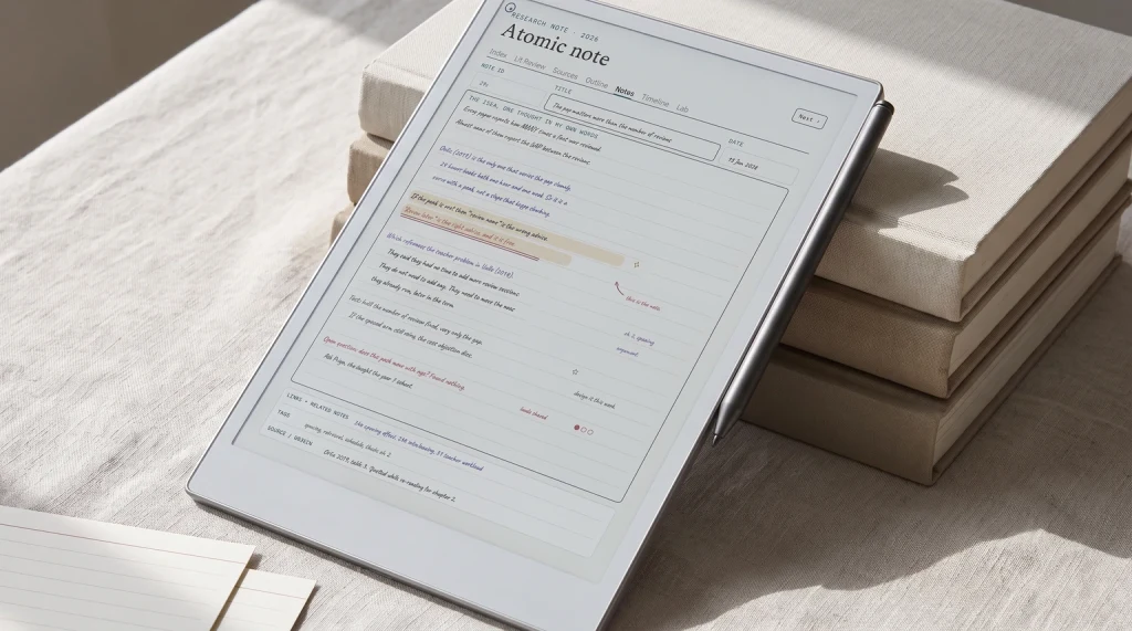 atomic notes: an e-ink tablet showing a single short handwritten note propped against a stack of books