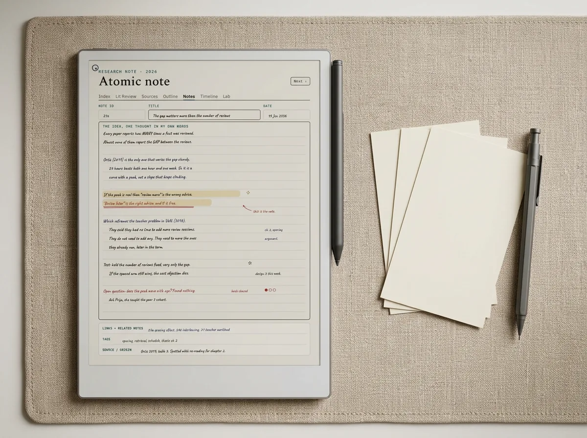 One atomic note on a reMarkable Paper Pro beside blank cards ready for the split