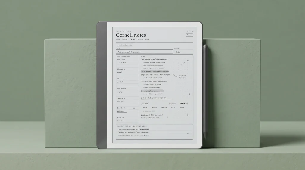 A Kindle Scribe showing a filled Cornell notes template page