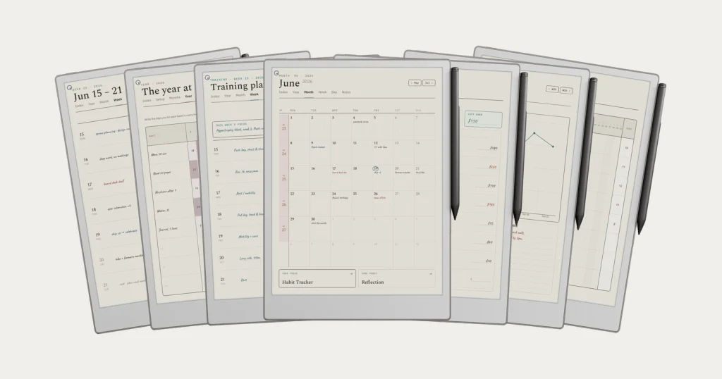 The Complete System: five Templacity planner books shown on an e-ink tablet