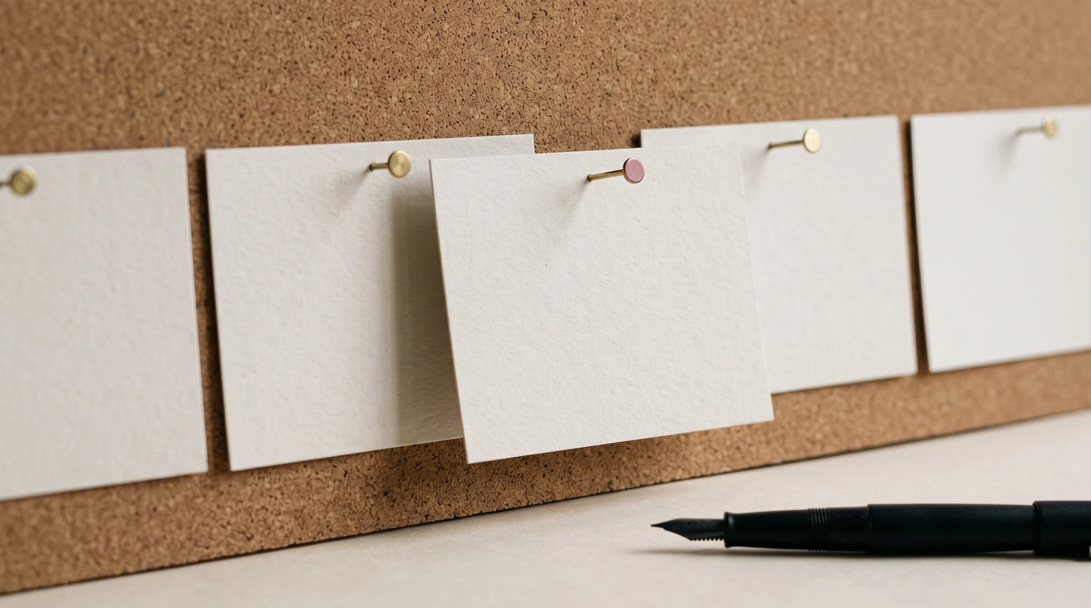 Blank index cards pinned in a line on a cork board