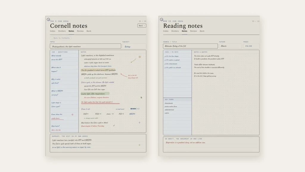 Two filled Cornell notes examples side by side: a biology lecture page and a reading notes page
