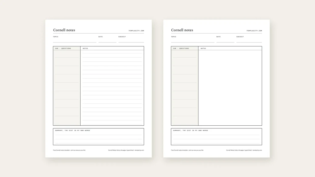 The free Cornell notes template, both layouts: a ruled notes column on the left sheet and a blank notes area on the right