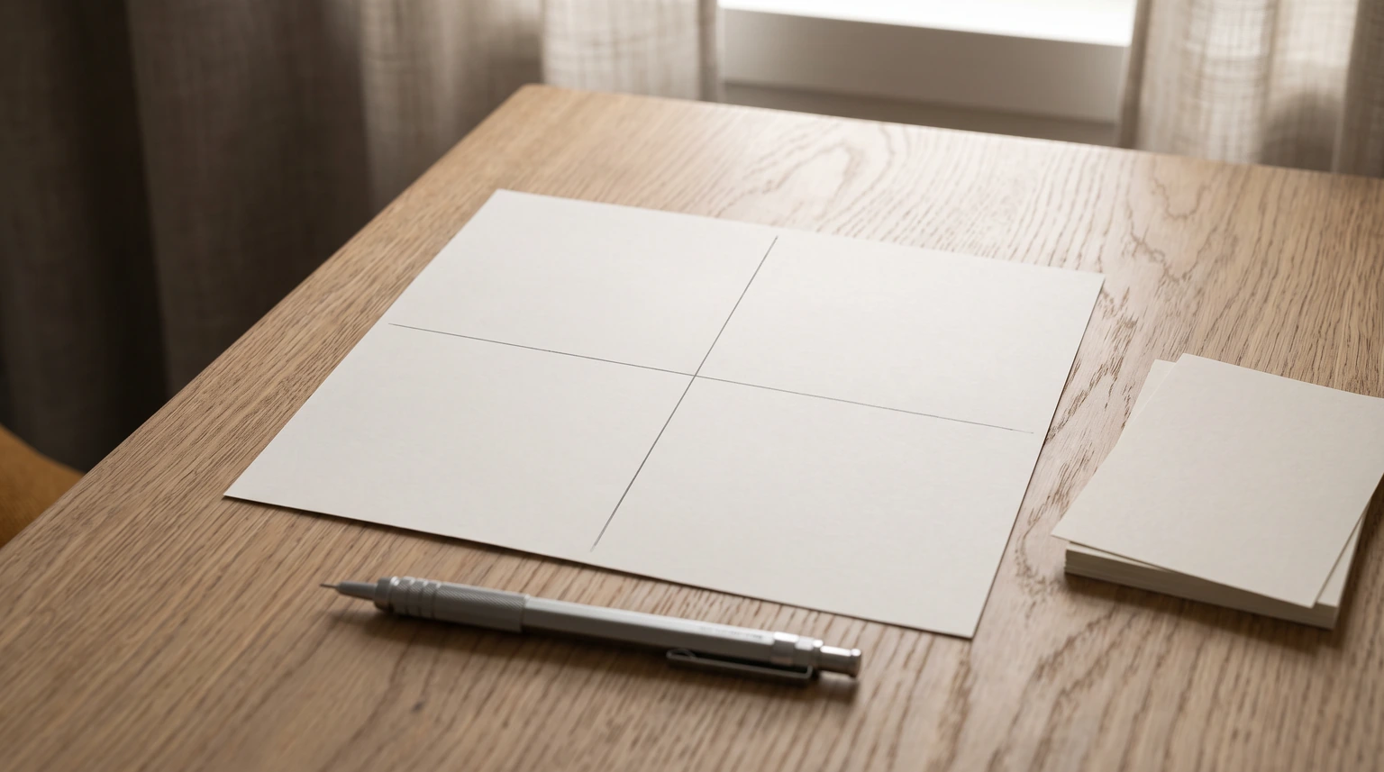 eisenhower matrix: a notebook page ruled into four empty quadrants beside a stack of blank index cards