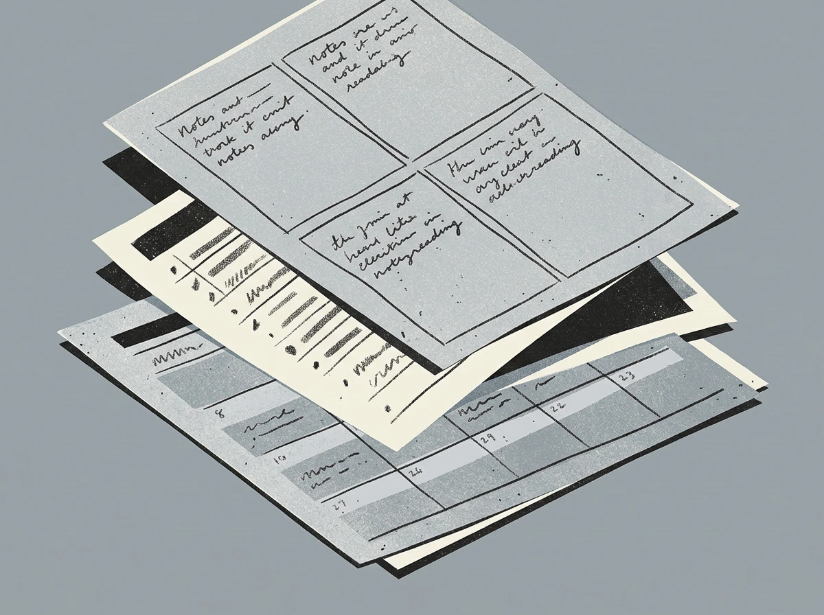 a matrix sheet layered over a task list and a weekly page