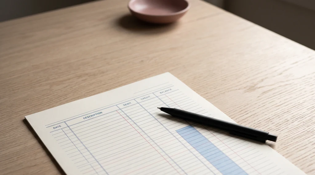 A blank columnar accounting sheet with a pen resting across it