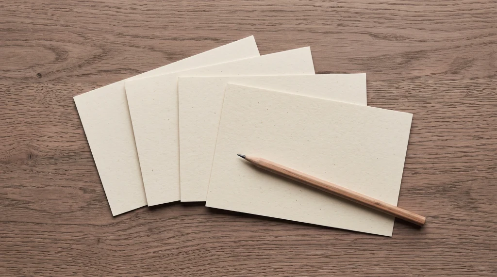 Four blank cream index cards fanned on a pale oak surface with a graphite pencil