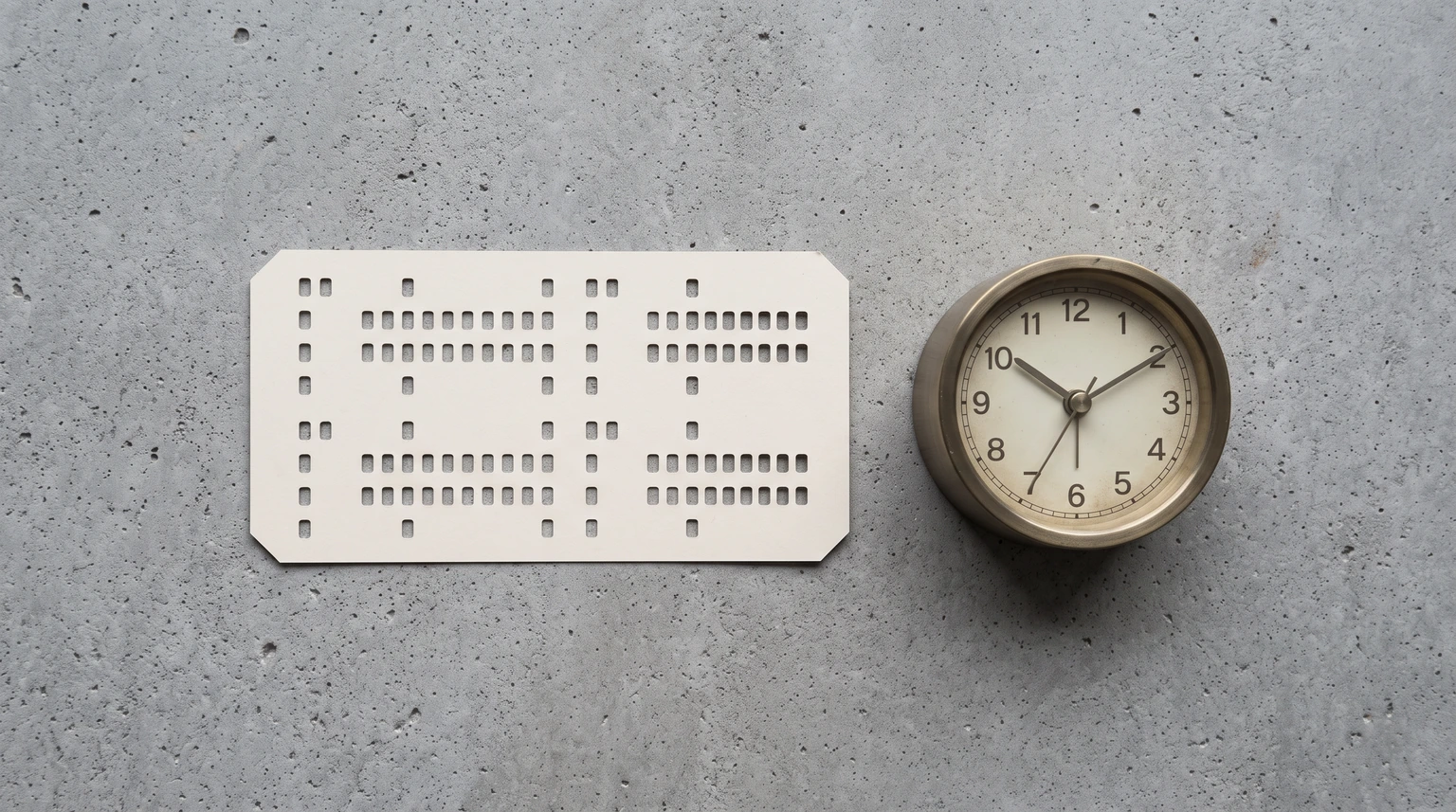 A plain punch card beside a small brass desk clock on a concrete surface